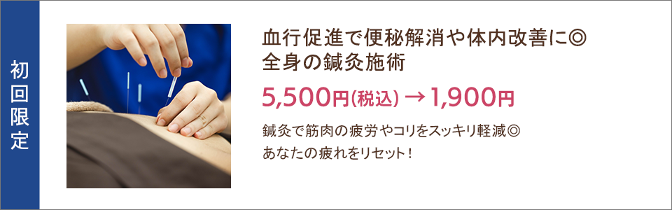 国交促進で便秘解消や体内改善に 全身の鍼灸施術 1,900円